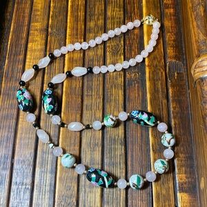 Handmade necklace rose quartz, onyx, cloisonné  with gold filled beads